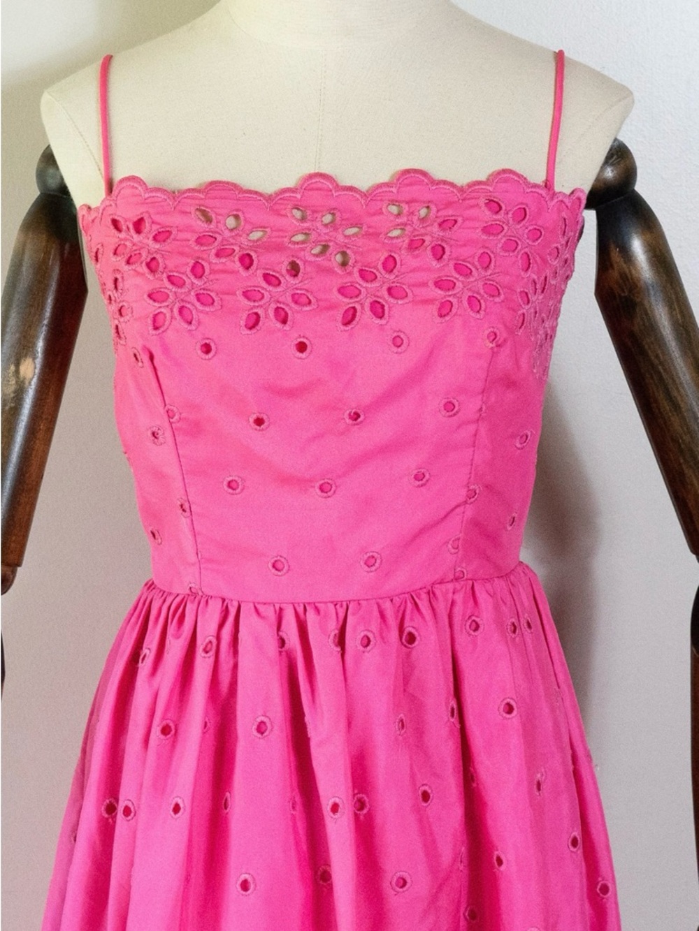 1970s Neiman Marcus Pink Eyelet Midi Dress